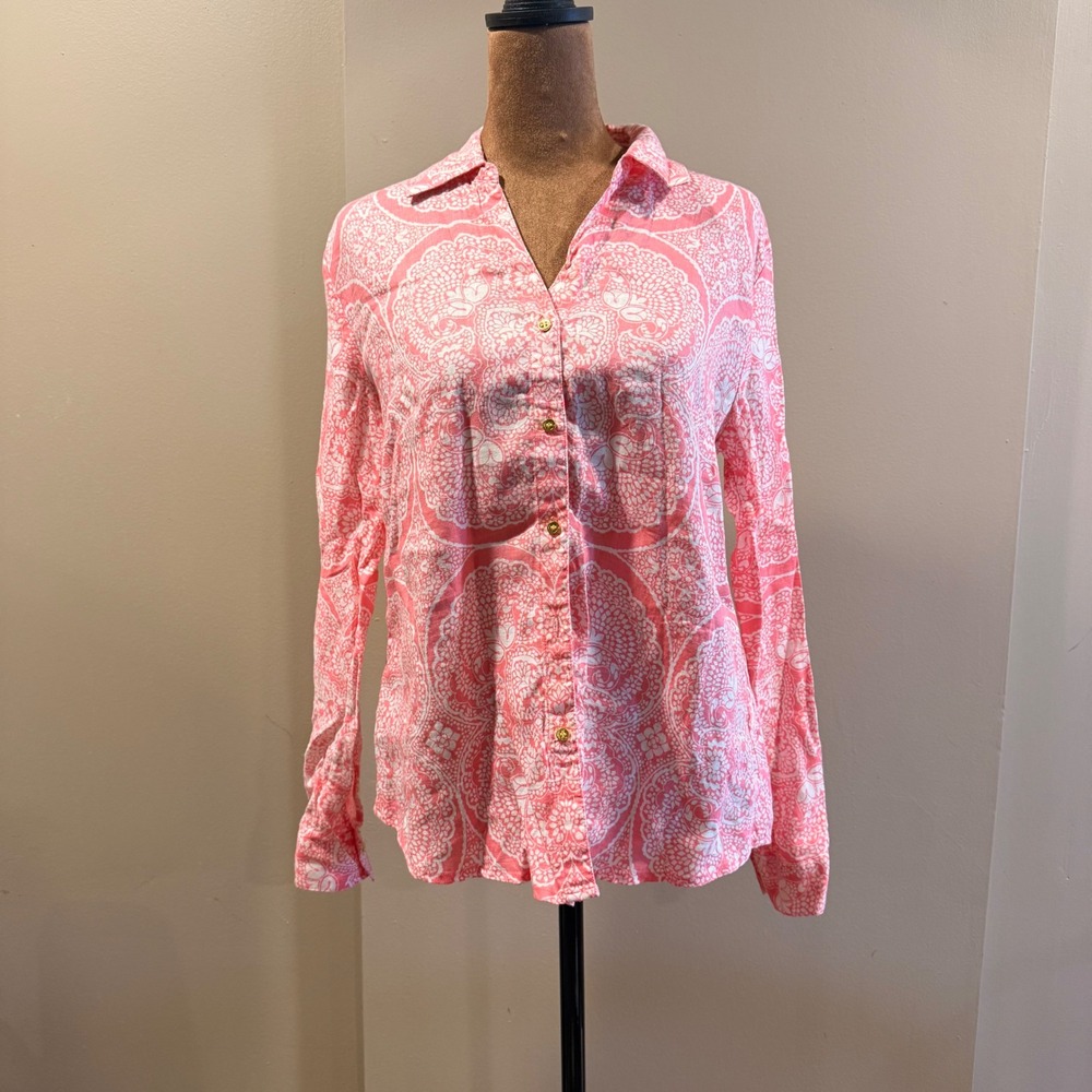 Charter Club Button Down Shirt Women S Pink 100% Linen Medallion Paisley Boho